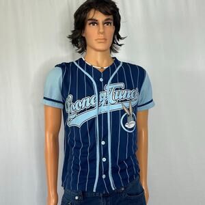 Looney Tunes Baseball Jersey Shirt Blue Pinstripe Bugs Bunny Taz Marvin MS W med